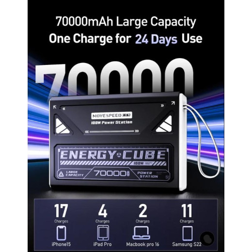 Портативний зовнішній акумулятор MOVESPEED Z70Pro 70000mAh Power Bank із швидкою зарядкою PD 100W для ноутбуків, смартфонів та гаджетів (2×USB-C, 2×USB-A) - YSPBZ70ProMax