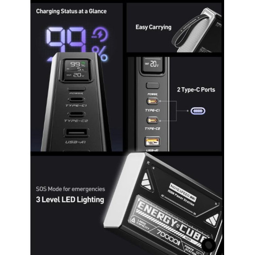 Портативний зовнішній акумулятор MOVESPEED Z70Pro 70000mAh Power Bank із швидкою зарядкою PD 100W для ноутбуків, смартфонів та гаджетів (2×USB-C, 2×USB-A) - YSPBZ70ProMax