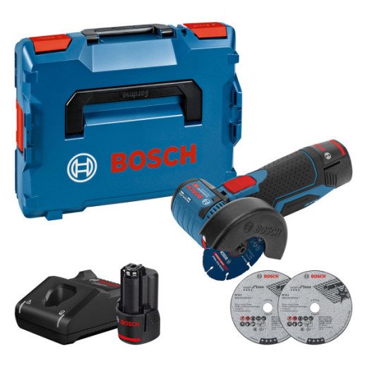 Bosch GWS 12V-76 Professional, акумуляторна кутова шліфмашина 76 мм, 2 акумулятори 12 В 3.0 Ah, зарядний пристрій GAL 12V-40, 3 диски, L-BOXX 102 - 0.601.9F2.00B
