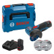 Bosch GWS 12V-76 Professional, акумуляторна кутова шліфмашина 76 мм, 2 акумулятори 12 В 3.0 Ah, зарядний пристрій GAL 12V-40, 3 диски, L-BOXX 102