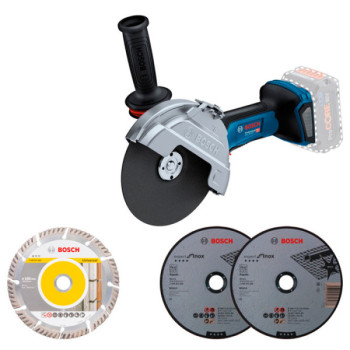 Bosch GWS 18V-180 P Professional, акумуляторна кутова шліфмашина 180 мм, безщітковий двигун, 3 диски в комплекті, без акумулятора та зарядного пристрою