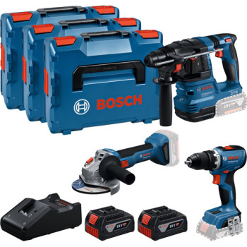 Bosch GSR 18V-65 + GBH 18V-22 + GWS 18V-8 Professional, набір акумуляторних інструментів, 2 акб GBA 18V 5.0 Ah та зарядний пристрій GAL 18V-40, з трьома кейсами L-BOXX