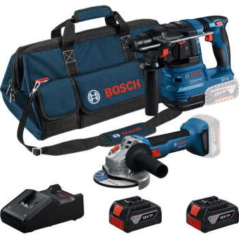 Bosch GBH 18V-22 + GWS 18V-8, набір акумуляторних інструментів з 2 акумуляторами GBA 18V 4.0 Ah, зарядним пристроєм GAL 18V-40 та сумкою M-BAG