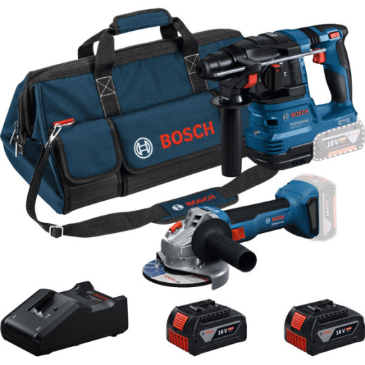 Bosch GBH 18V-22 + GWS 18V-8, набір акумуляторних інструментів з 2 акумуляторами GBA 18V 4.0 Ah, зарядним пристроєм GAL 18V-40 та сумкою M-BAG - 0.615.V00.03C