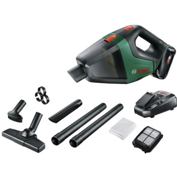 Bosch UniversalVac 18, акумуляторний пилосос 18 В, контейнер 1,5 л, продуктивність 1980 л/хв, комплект із зарядним пристроєм та акумулятором 2.5 Ah