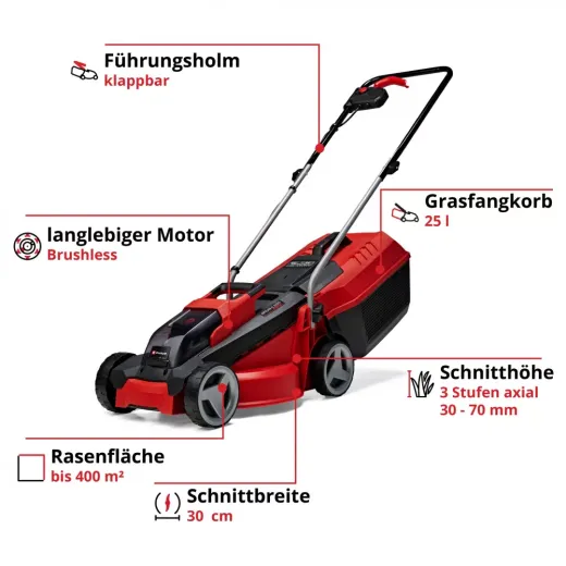 Газонокосарка акумуляторна Einhell GE-CM 18/30 Li (1×3,0 Ah) - 3413155