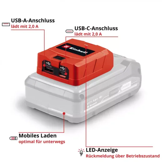 Акумуляторний адаптер для зарядки USB-пристроїв Einhell TC-CP 18 Li USB A/C-Solo - 4514148