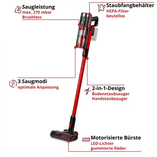Акумуляторний вертикальний пилосос Einhell TE-SV 18/270 Li BL-Solo 18V (безщітковий, без АКБ та ЗП) - 2347225