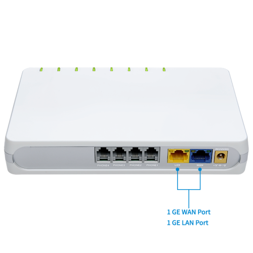 FLYINGVOICE G504, VOIP-шлюз, 4 порти FXS, 4 облікові записи SIP, OPUS, тристороння конференція, VPN: PPTP/L2TP, QoS Layer 3, підтримка NAT, підтримка TR069 та SNMPv2, порти Ethernet: 1 W0 1000 Мбіт/с + 3 порти LAN 10/100/1000 Мбіт/с - G504