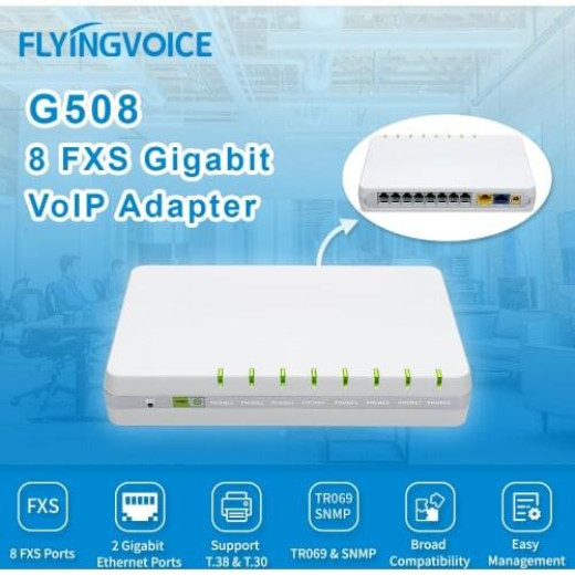 FLYINGVOICE G508, VOIP-шлюз, 8 портів FXS, 8 облікових записів SIP, OPUS, тристороння конференція, VPN: PPTP/L2TP, QoS Layer 3, підтримка NAT, підтримка TR069 та SNMPv2, порти Ethernet: 1 W0 1000 Мбіт/с + 3 порти LAN 10/100/1000 Мбіт/с - G508