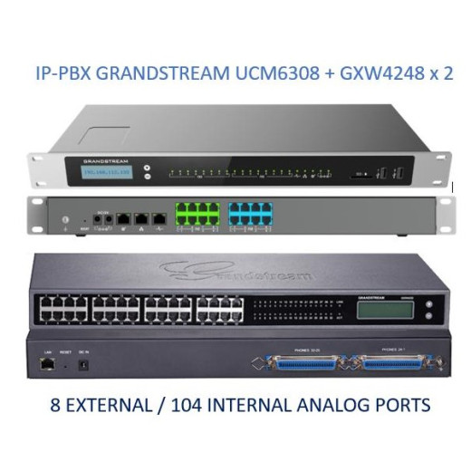 Grandstream UCM6308, ip атс, 104хFXS, 8xFXO, до 3000 абонентів/450 одночасних викликів, RemoteConnect, 1xWAN, 1xLAN, HA - UCM6308-104