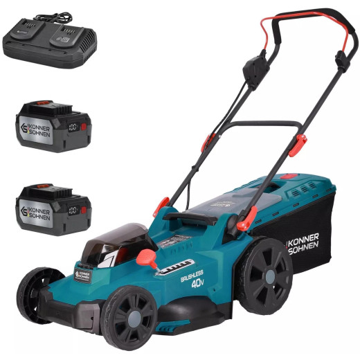 Könner & Söhnen KS 43LM-40V SET, акумуляторна газонокосарка з шириною скошування 43 см, 2 АКБ 20В 4 А·год та подвійним зарядним пристроєм - KS43LM-40VSET