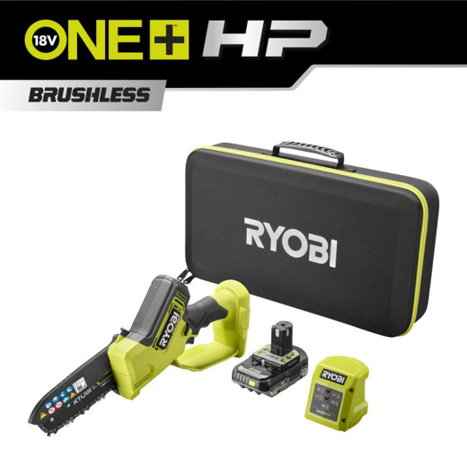 Ryobi RY18PSX15A-120T, акумуляторна безщіткова міні-пила ONE+ HP 18 В з шиною 15 см, 1 АКБ 2.0 А·год та ЗП - 5133005899