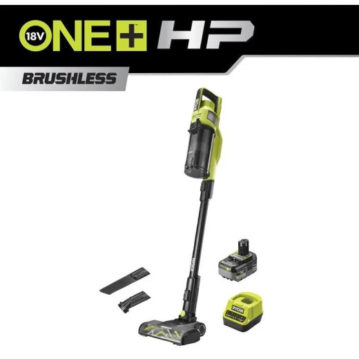 Ryobi ONE+ HP RSV18X-1X40G, акумуляторний вертикальний пилосос з безщітковим двигуном, АКБ 4.0 А·год та зарядним пристроєм у комплекті - 5133005660