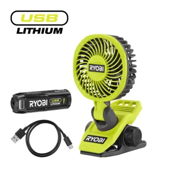 Ryobi RCF4-120G, акумуляторний вентилятор USB Lithium з кліпсою, акумулятором 2.0 А·год та зарядним кабелем