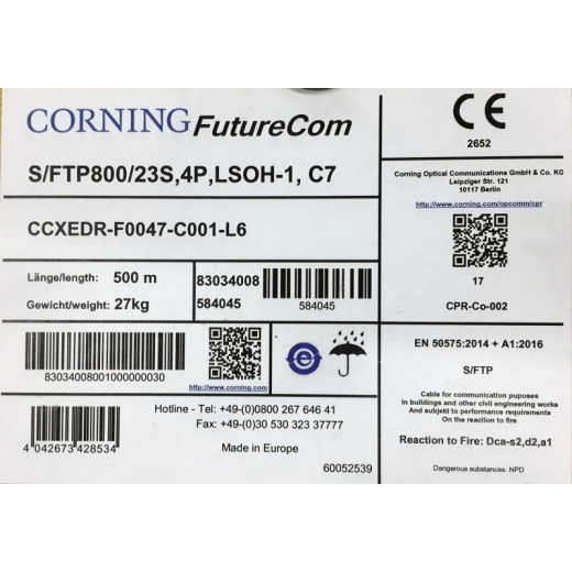 Кабель S/FTP 800/23s 4P FutureCom, кат.7, LSZH/FRNC, синій, 500 м, Corning (Німеччина) - CCXEDR-F0047-C001-L6