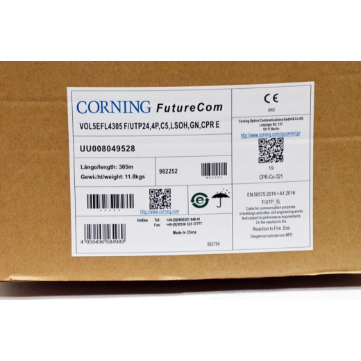 Кабель F/UTP, кат. 5E, AWG 24, LSZH, Eca, зелений, 305м, Corning - UU008049528
