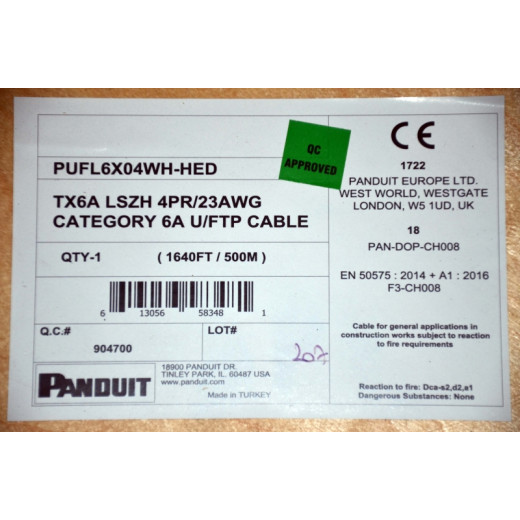 Кабель U-FTP, кат. 6A, LSZH, 500 м, білий, Panduit (США) - PUFL6X04WH-HED